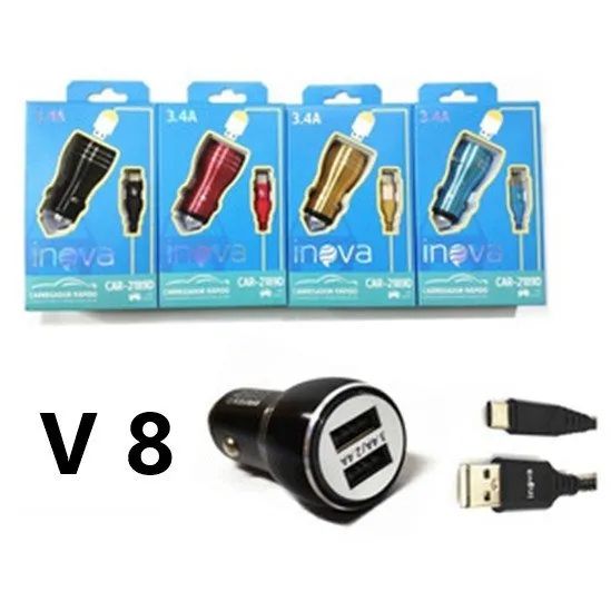 Carregador de Celular Veicular Rapido Automotivo 3.4a 2 Usb V8 Mcro Usb