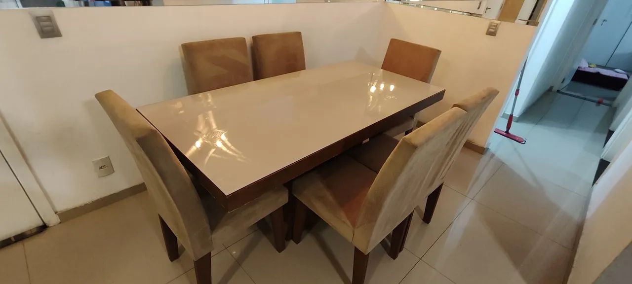 Mesa de Jantar 6 Cadeiras - tampa de vidro off white 