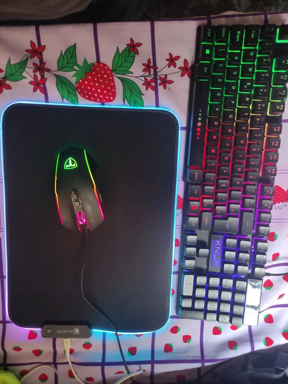 RGB gaming kit with mouse, keyboard, and mouse pad, all RGB64363328767362120