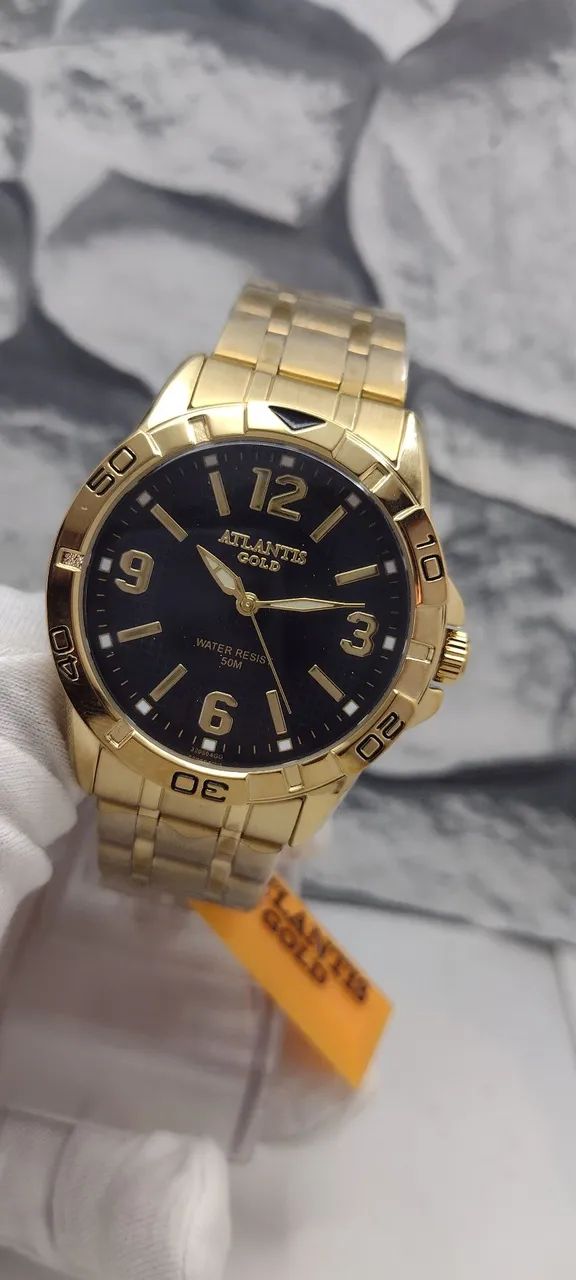 Relógio masculino Atlantis Gold Dourado luxo prova dágua banhado a ouro presente para pai