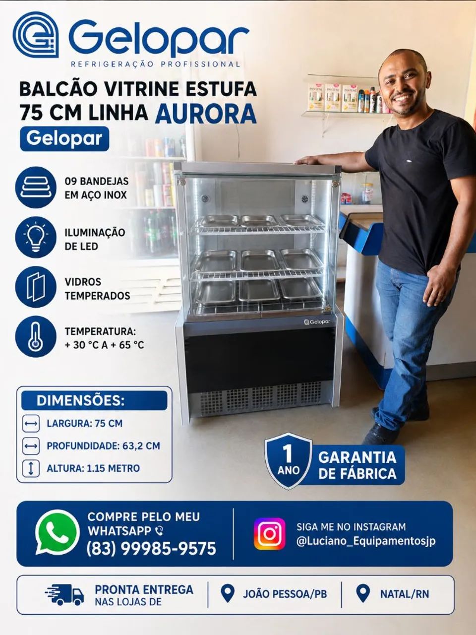 BALCÃO VITRINE ESTUFA 75 CM LINHA AURORA GELOPAR 