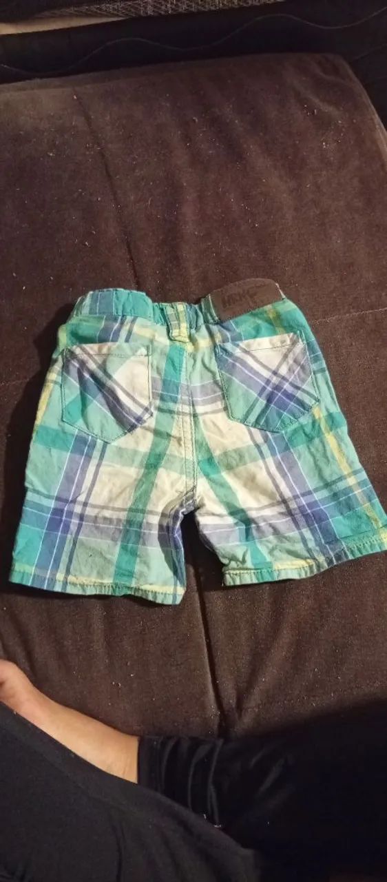 Bermuda Infantil de Sarja Xadrez Verde e Azul com Elástico - G - Foto 2