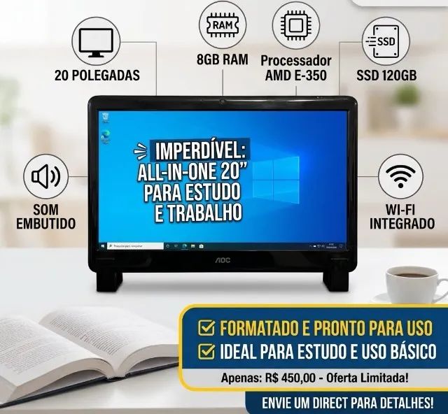 Computador All In One,08GB RAM,SSD240GB,WI-FI,Básco para Estudo