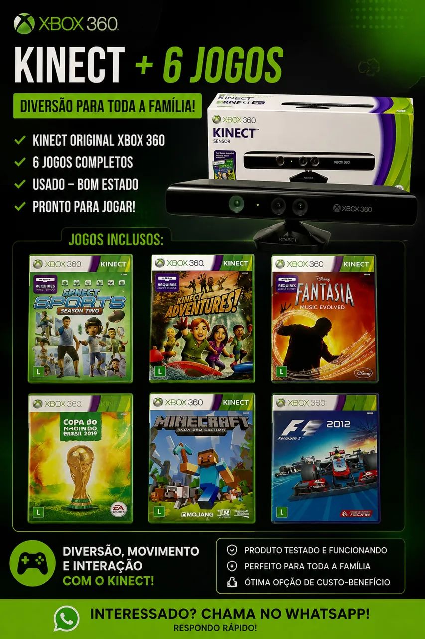 Xbox 360 Kinect + 6 Jogos - Usado em Bom Estado