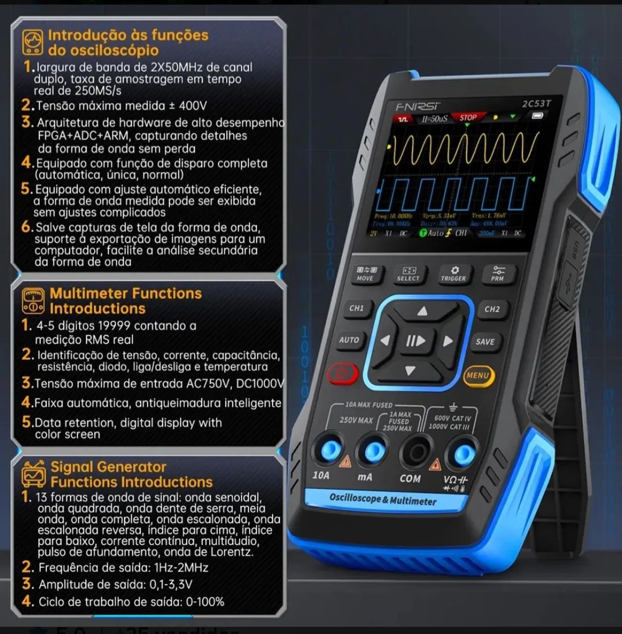Osciloscópio Canal Duplo 50 MHz + Multímetro + Gerador de sinal Fnirsi 2C53T  - Foto 4
