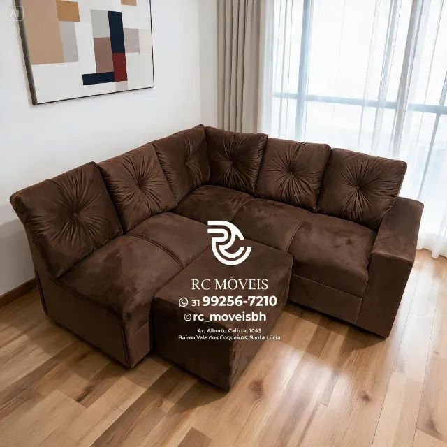 Sofá de Canto com Puff Suede Bege D33 Confortável Durável - Foto 5