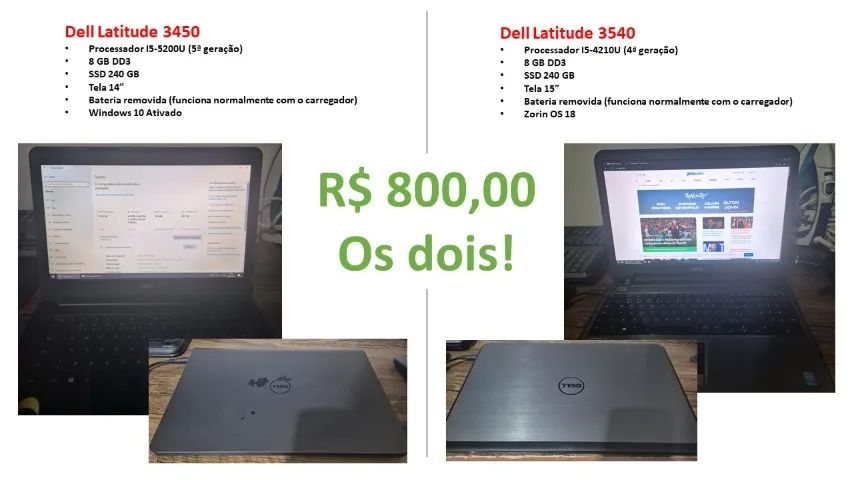 2 Notebooks Dell Latitude | i5 | SSD | 8GB RAM | R$ 800 os dois