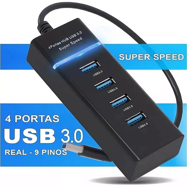 Hub USB 3.0 com 4 Portas Super Speed 5 Gbps e Led indicativo - Lehmox