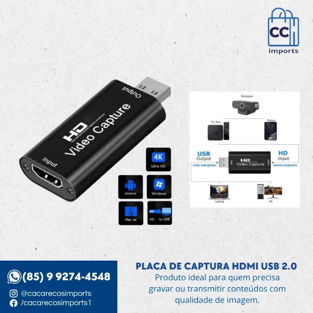 Placa de Captura HDMI USB 2.0 - Entrada 4K e Saída 1080p