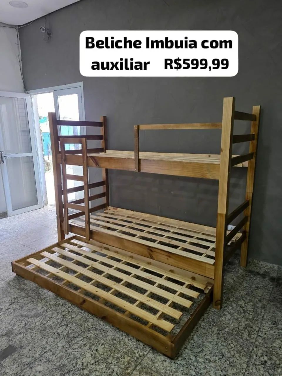 Beliche com cama auxiliar  de Madeira Maciça de Eucalipto em rústico tratado. <br> - Foto 2
