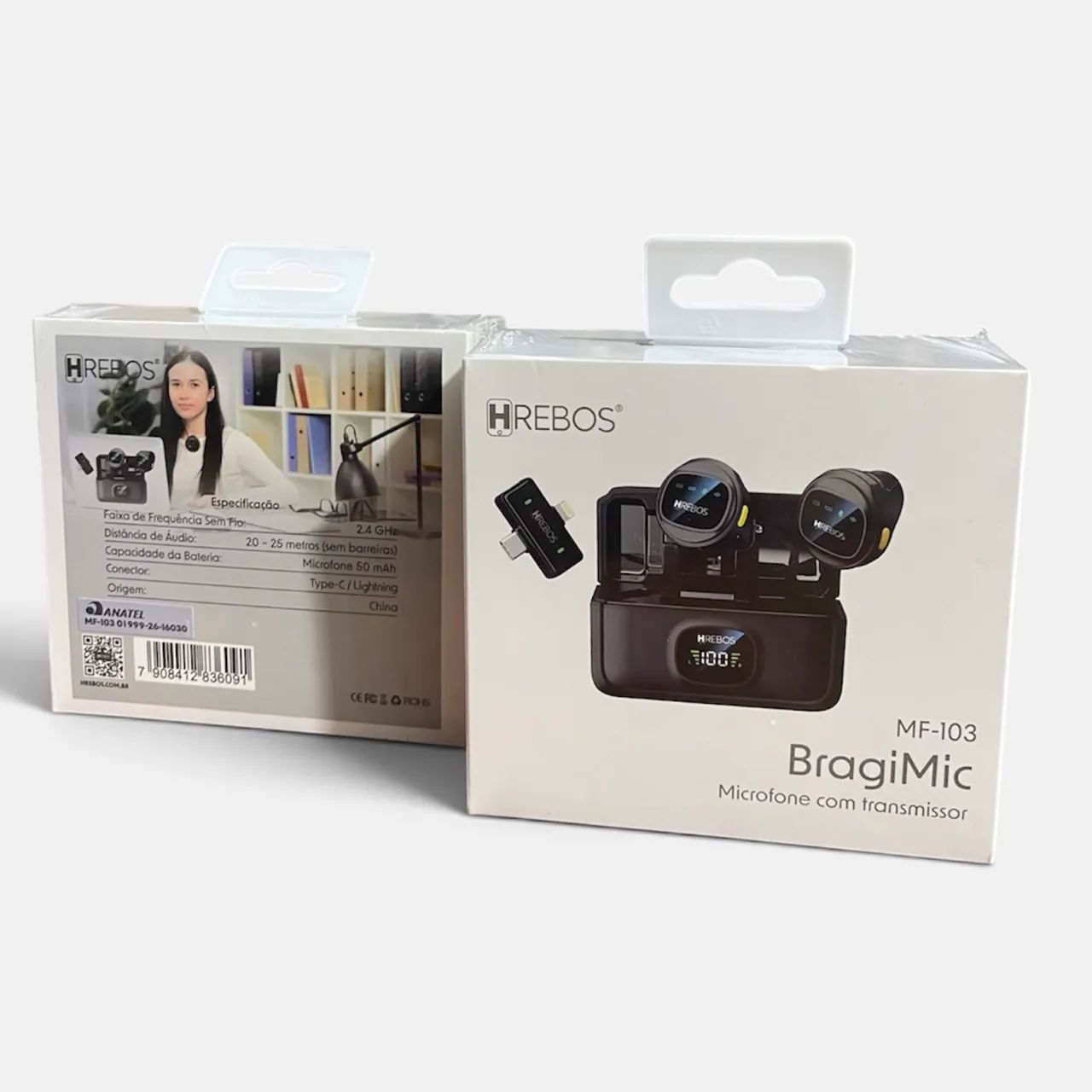 Microfone de Lapela Sem Fio HREBOS BragiMic MF-103 ? Type-C e Lightning, Duplo 