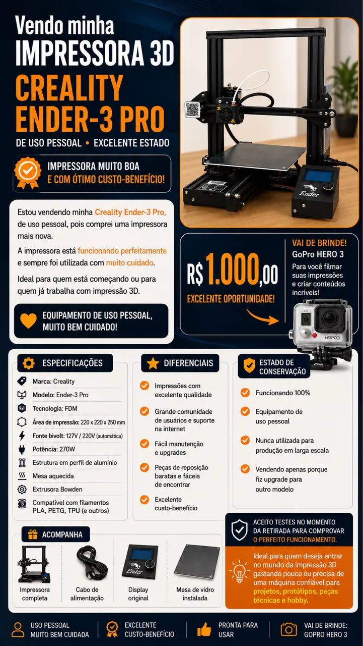 Impressora 3D Ender Pro + Go Pro Hero 3