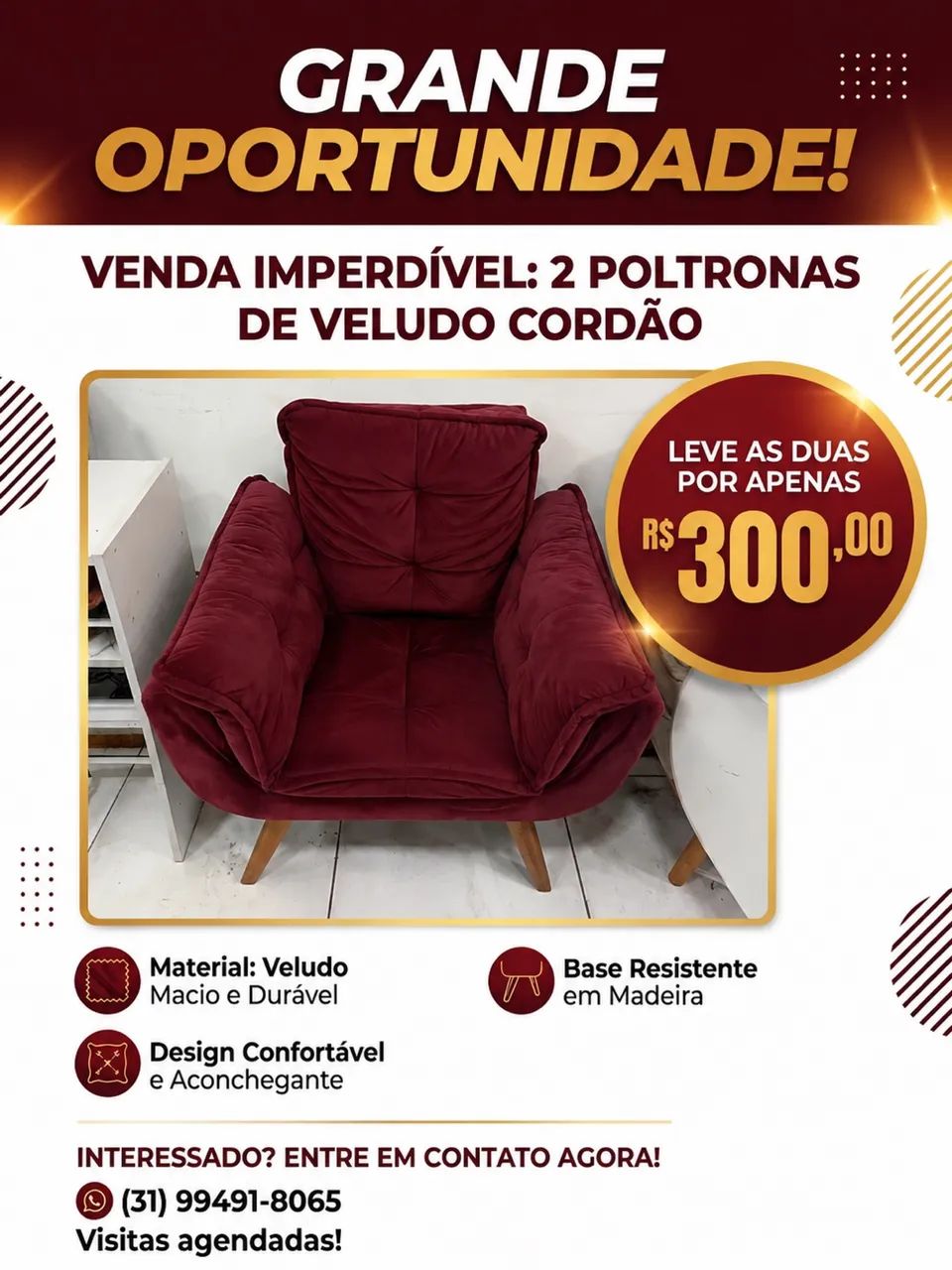 2 Poltronas de Veludo Cordão - Confortáveis e Conservadas