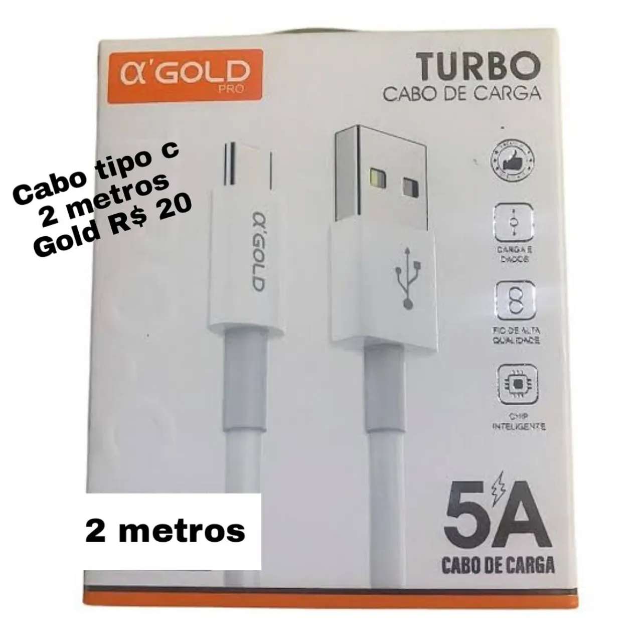 Cabo USB Tipo C Turbo 2 Metros 5A - R$ 20
