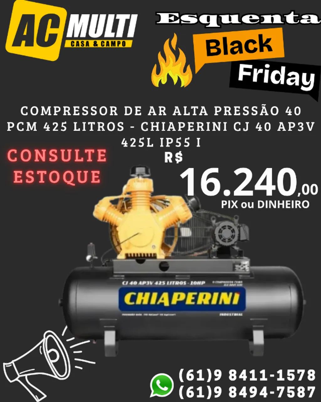 Compressor de ar alta pressão 40 pcm 425 litros - Chiaperini CJ 40 AP3V 425L IP55 I