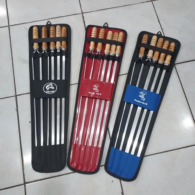 Kit de Espetos em Alumínio com Estojo - 85cm Cabo de Madeira