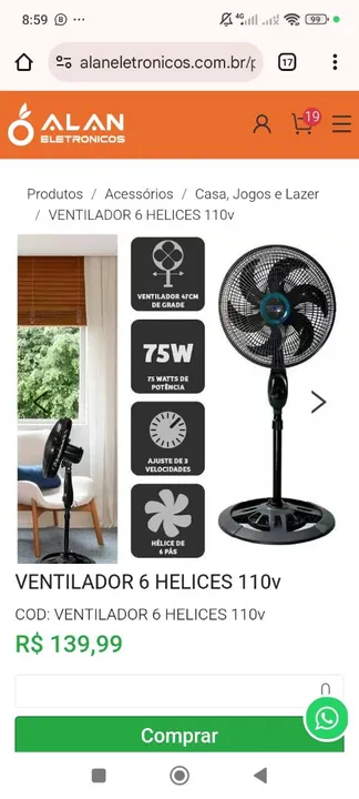 Ventilador 6 Hélices 220v - 75W - 3 Velocidades