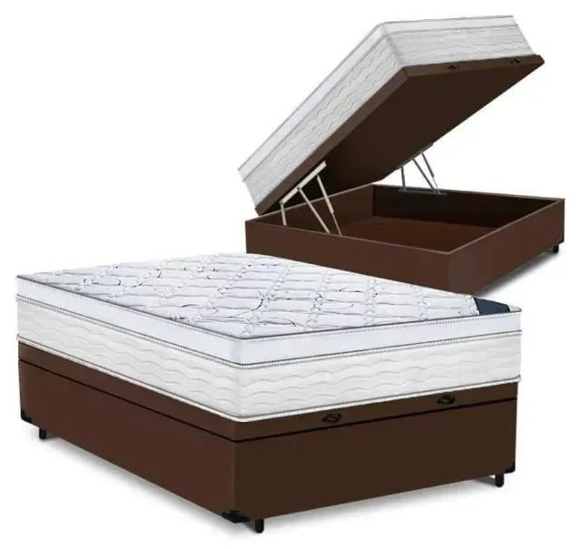Kit de Colchão Casal Molas Ensacadas Branco e Cama Box Baú Marrom