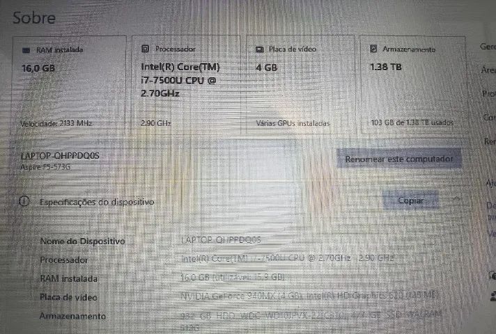 Notebook Acer i7 7ª Ger. 16GB RAM SSD 512GB + HD 1TB Gforce 940MX - Foto 5