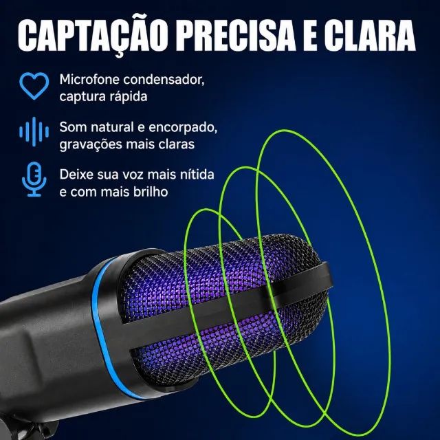 Microfone Studio profissional estilo PODCAST USB RGB Condensador Plug & Play - Foto 5