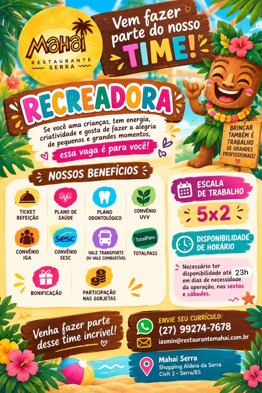 ?*Vagas de emprego GARÇOM e RECREADORA - Mahai serra* - Foto 2