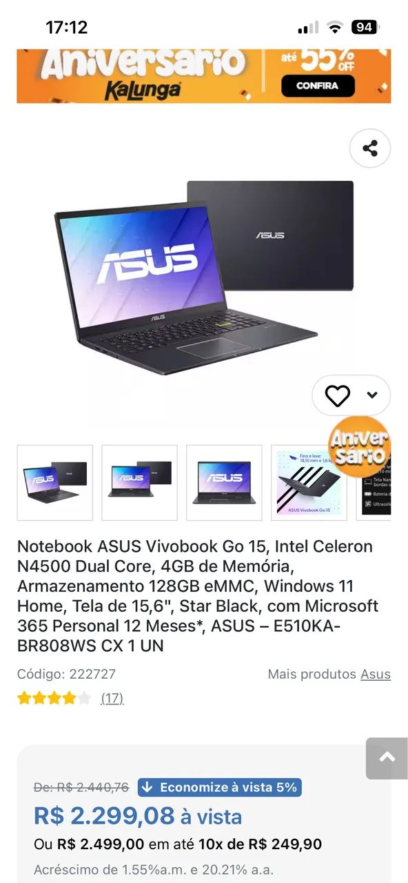 notebook ASUS Vivobook Go 15 (modelo E510KA
