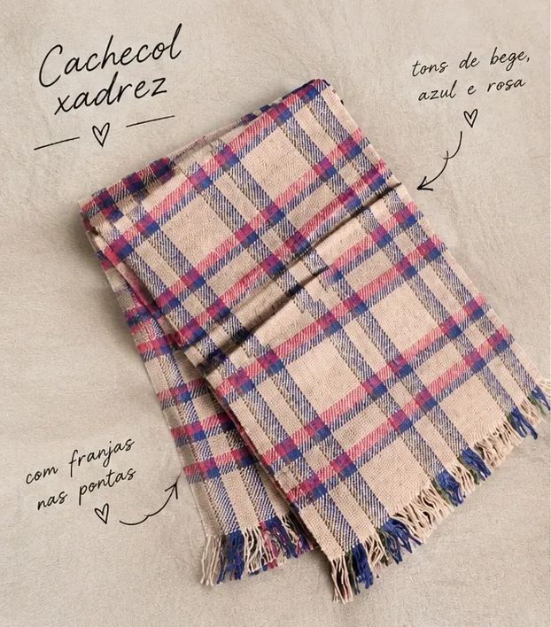 Cachecol xadrez bege, azul e rosa com franjas