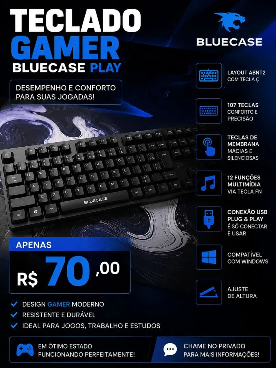 TECLADO GAMER 100% COM LED