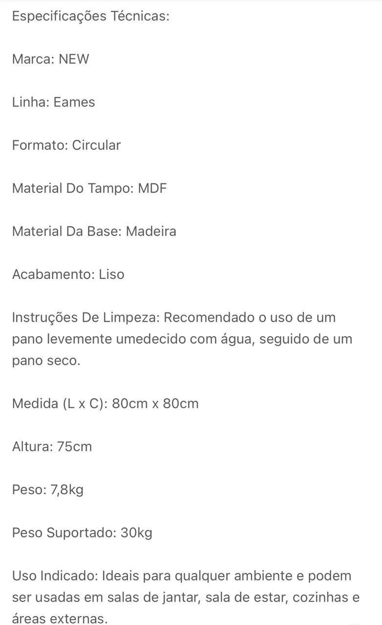 Mesa de jantar 80cm charles eames eiffel redonda branca64231833630338121