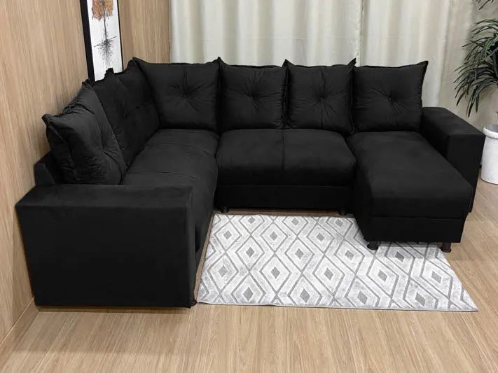 Sofá de Canto 5 Lugares com Almofadas Soltas Suede Preto - Foto 2
