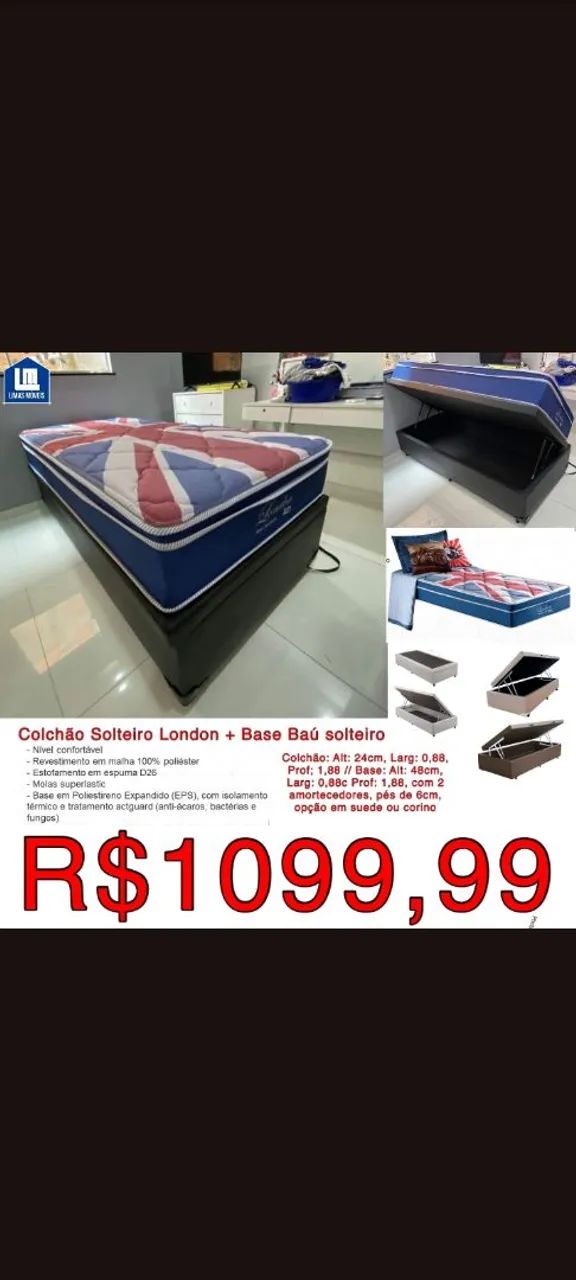 Colchão Solteiro London + Base Baú 