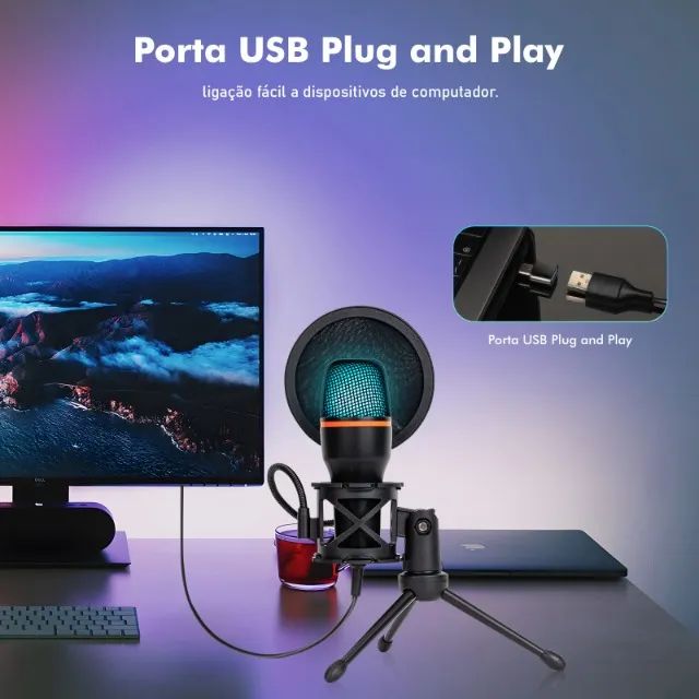 Microfone Condensador USB RGB (Caibeu) - Para Jogos, Lives e Gravações - NOVO - Foto 6