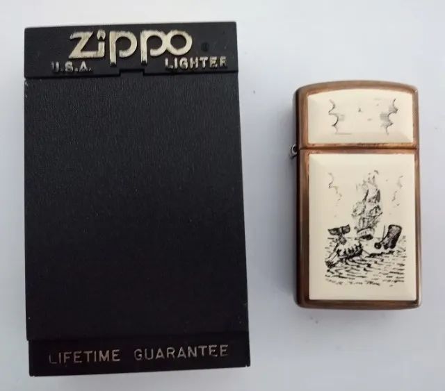 Antigo e raro isqueiro Zippo com a imagem de um barco baleeiro a vela - Data de 1991 