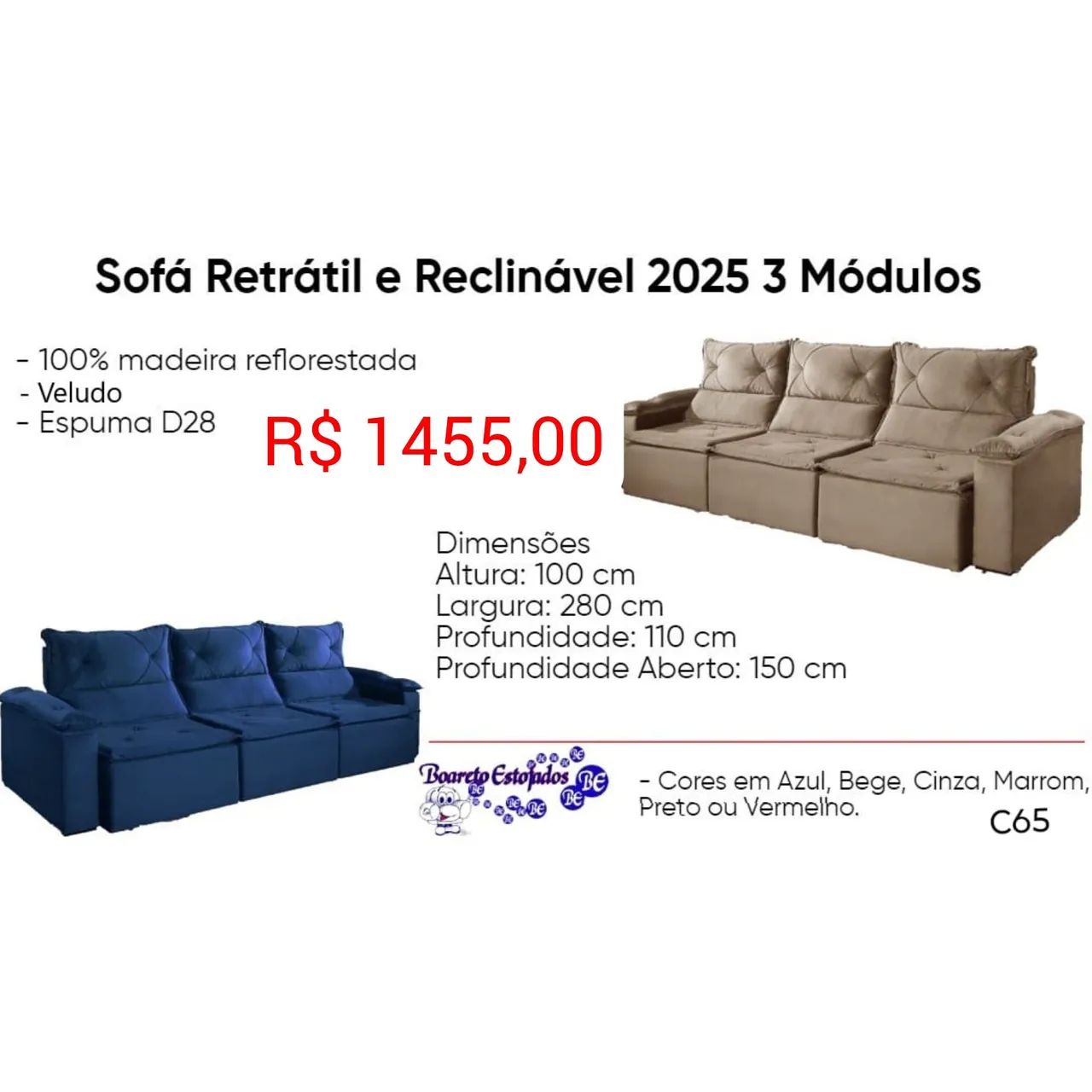 Sofá Retrátil e Reclinável 2025 3 Módulos 2.80m largura / várias cores