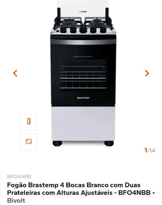 Fogão Brastemp 4 Bocas Branco com Duas Prateleiras com Alturas Ajustáveis - BFO4NBB