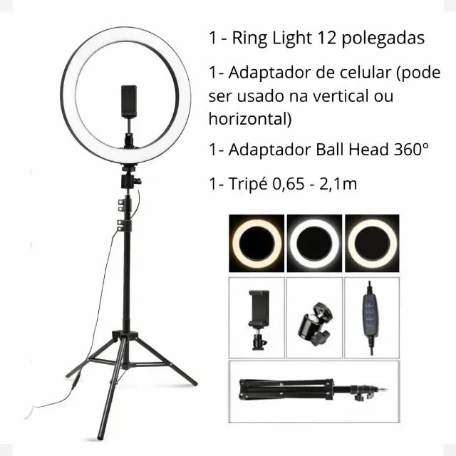 Ring Light 12" 30cm Com Suporte de Celular + Tripé 2.10m Oberon OR-PL812 - WZetta - Foto 2