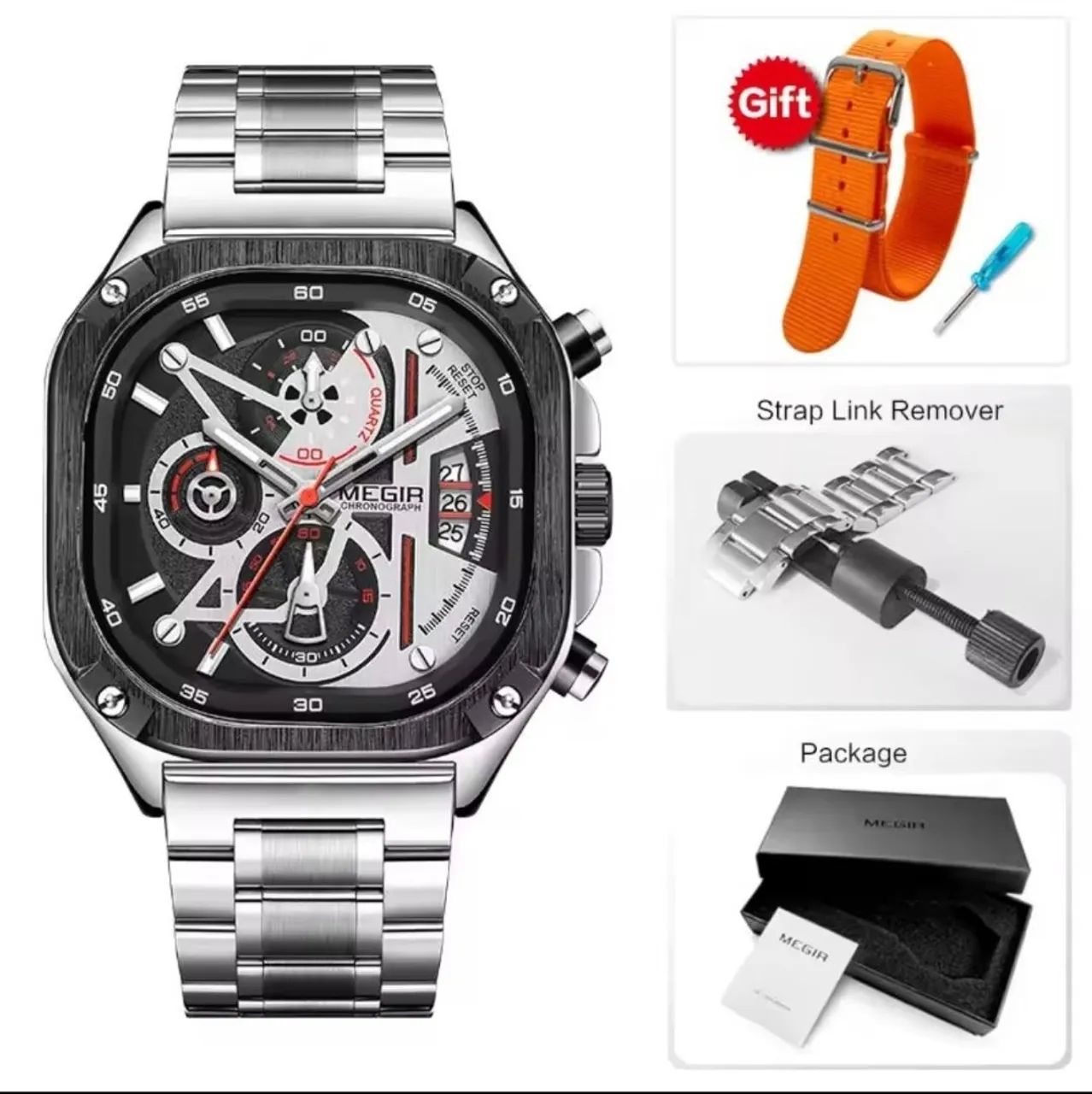 MEGIR 2217G - Relógio Sport/Luxo, Cronógrafo 100% Funcional e 2 Pulseiras 
