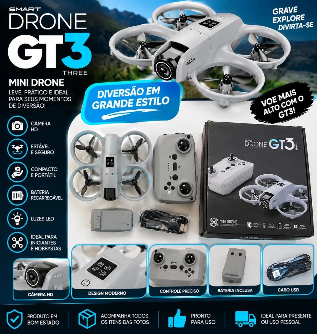 Mini Drone Smart Drone GT3 com Câmera + Controle e Acessórios