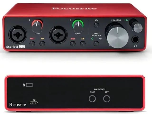 Interface de áudio Focusrite Scarlett 2i2 vermelha de 3ª geração