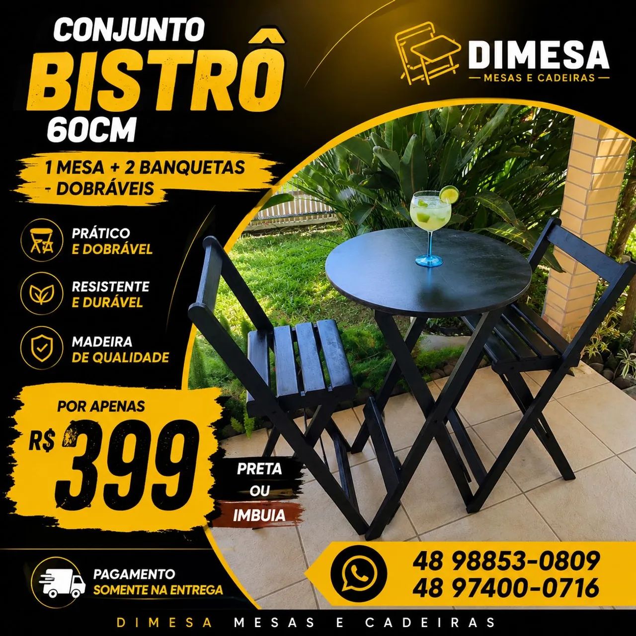 Mesa bistrô redonda 60cm com 2 banquetas dobráveis 