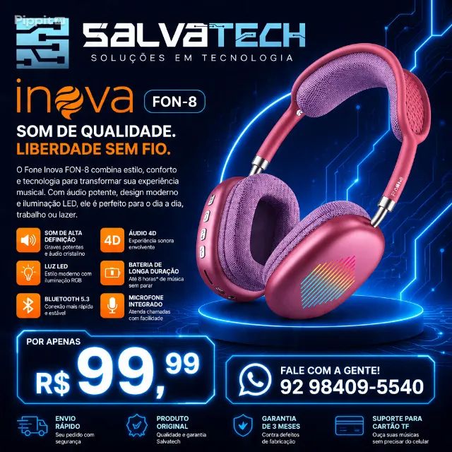 Fone Bluetooth Inova FON-8 RGB | Bluetooth 5.3 | Até 8h de Bateria | R$ 99,99