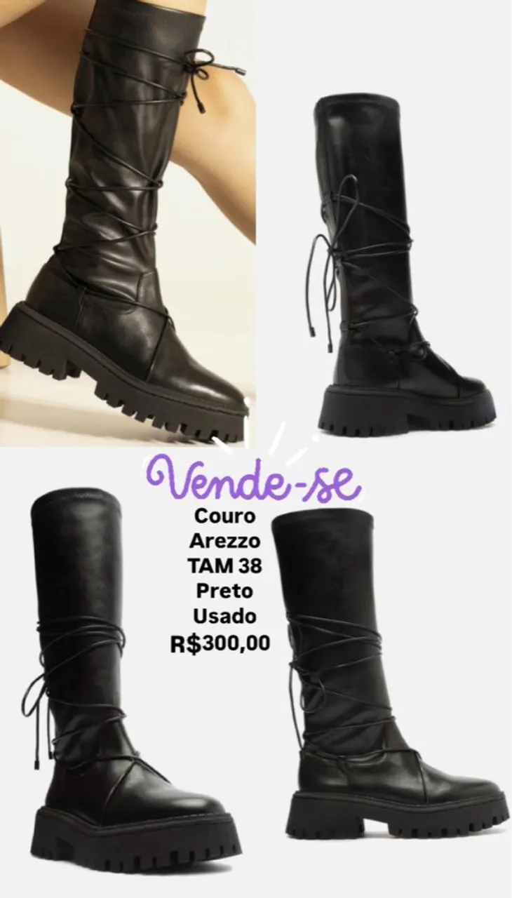 Bota Couro Arezzo Preta Cano Alto TAM 38
