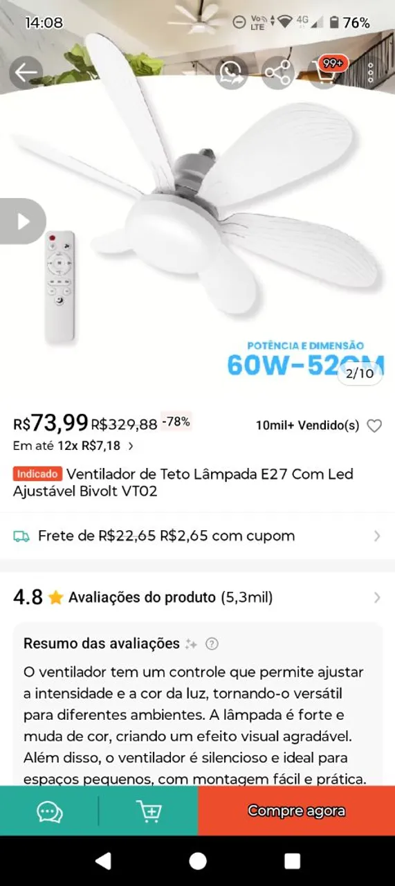 Ventilador de Teto Lâmpada E27 Com LED Ajustável