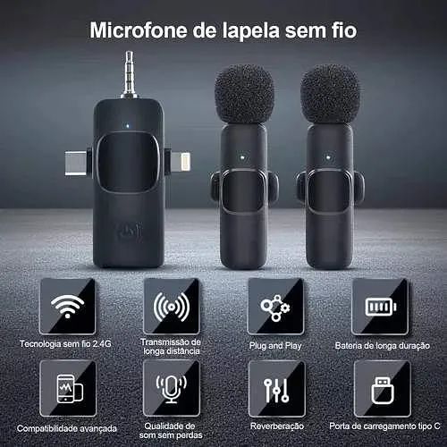 Microfone Lapela 3 EM 1 Sem Fio, 20m, Cancelamento De Ruído. - Foto 2