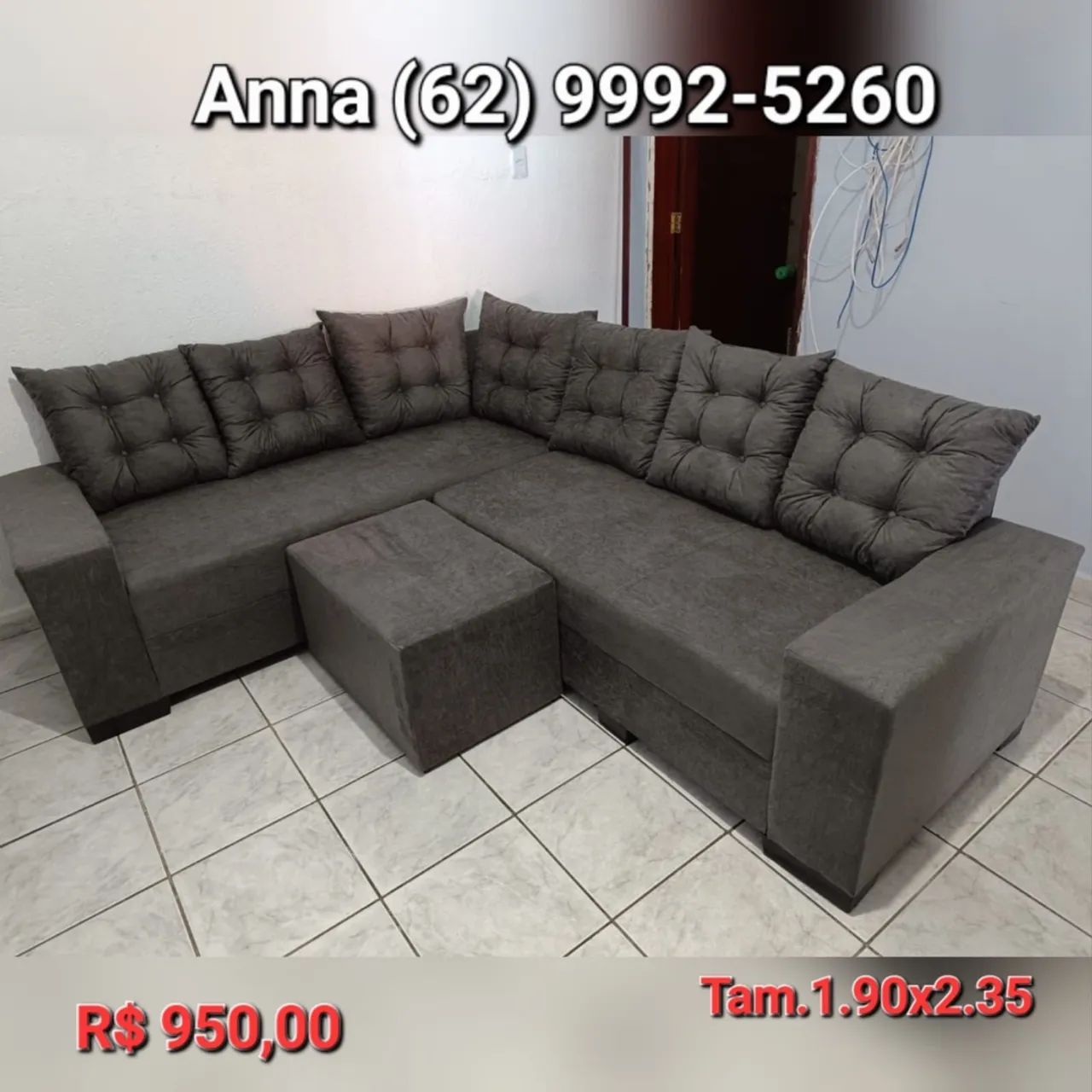Sofá de canto cinza com puff - 1.90x2.35