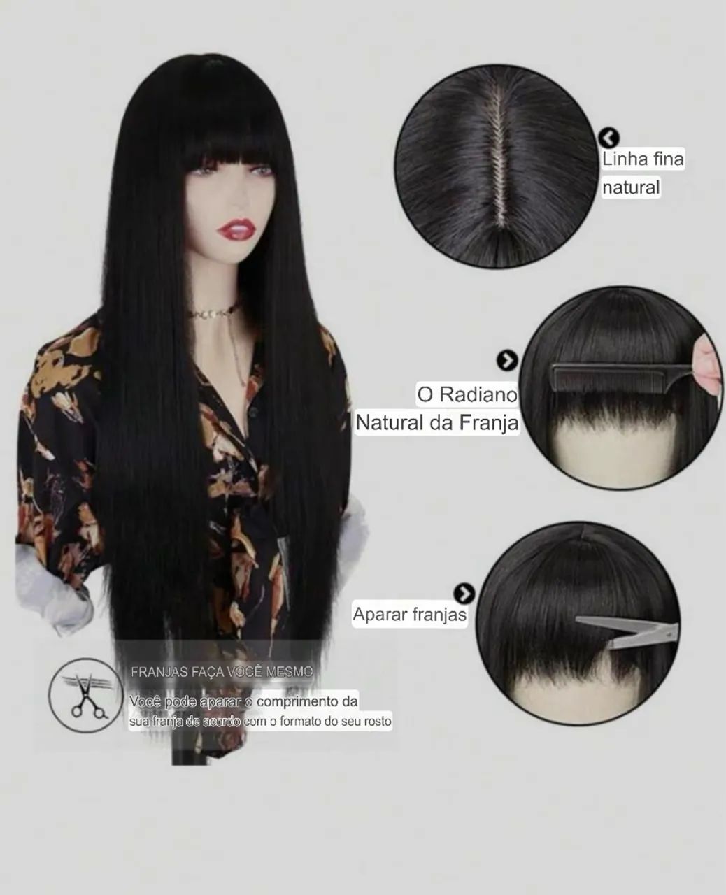 Peruca Longa Lisa com Franja - Preto - Foto 2
