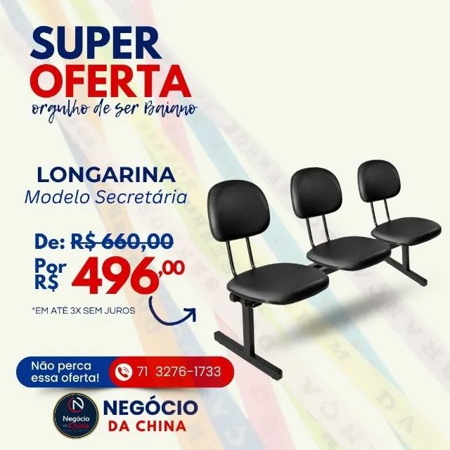 Longarina Secretária 3 lugares em couro ecológico