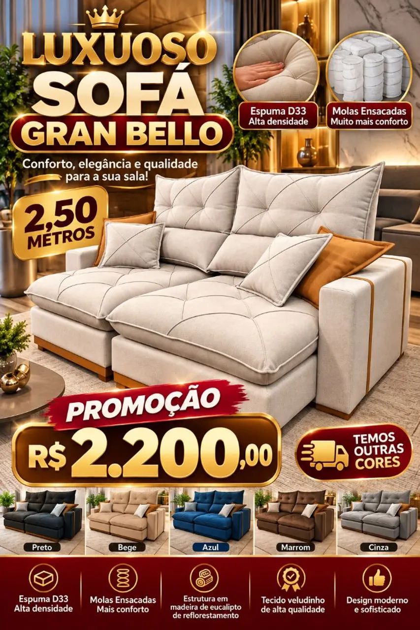 Sofá retrátil Gran Bello Molas ensacadas espuma D33