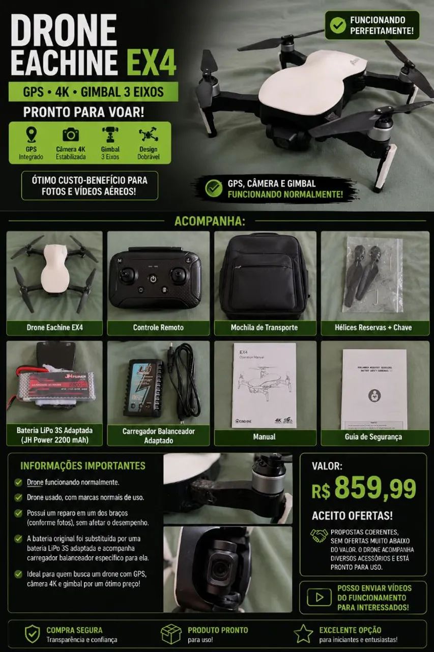? Drone Eachine EX4 GPS em bom estado e funcionando!