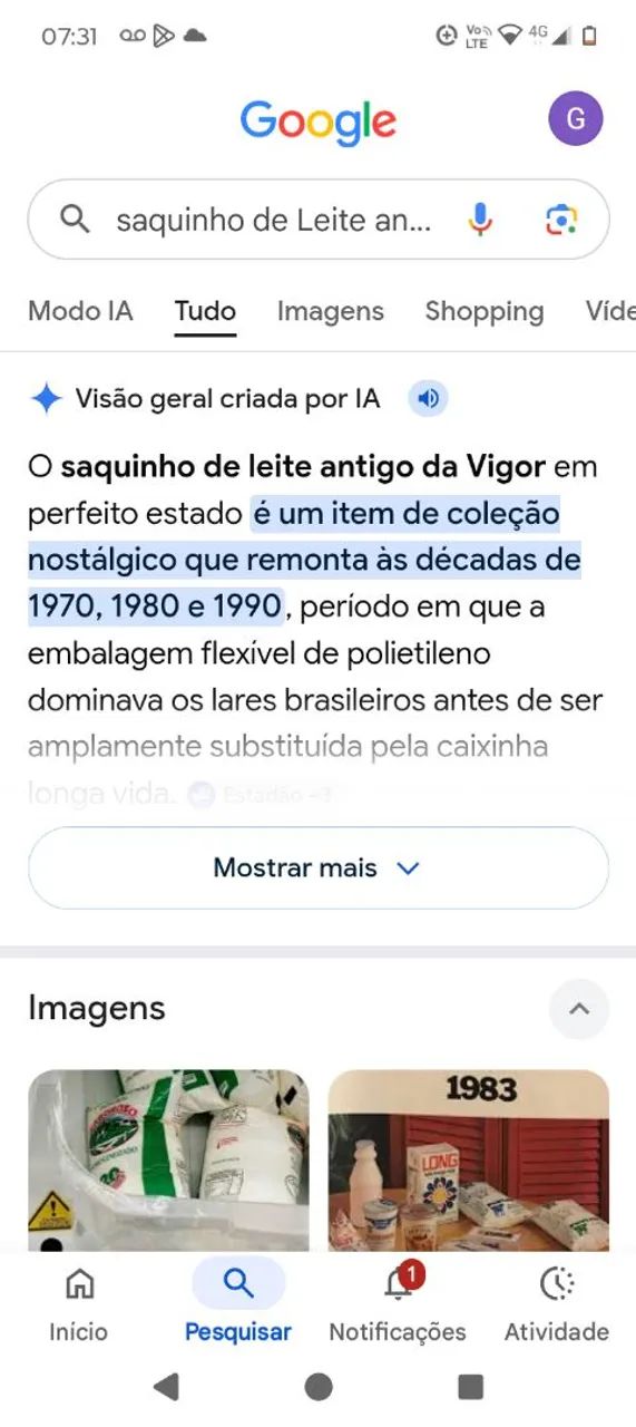 Saquinho de leite vigor antigo em bom estado 